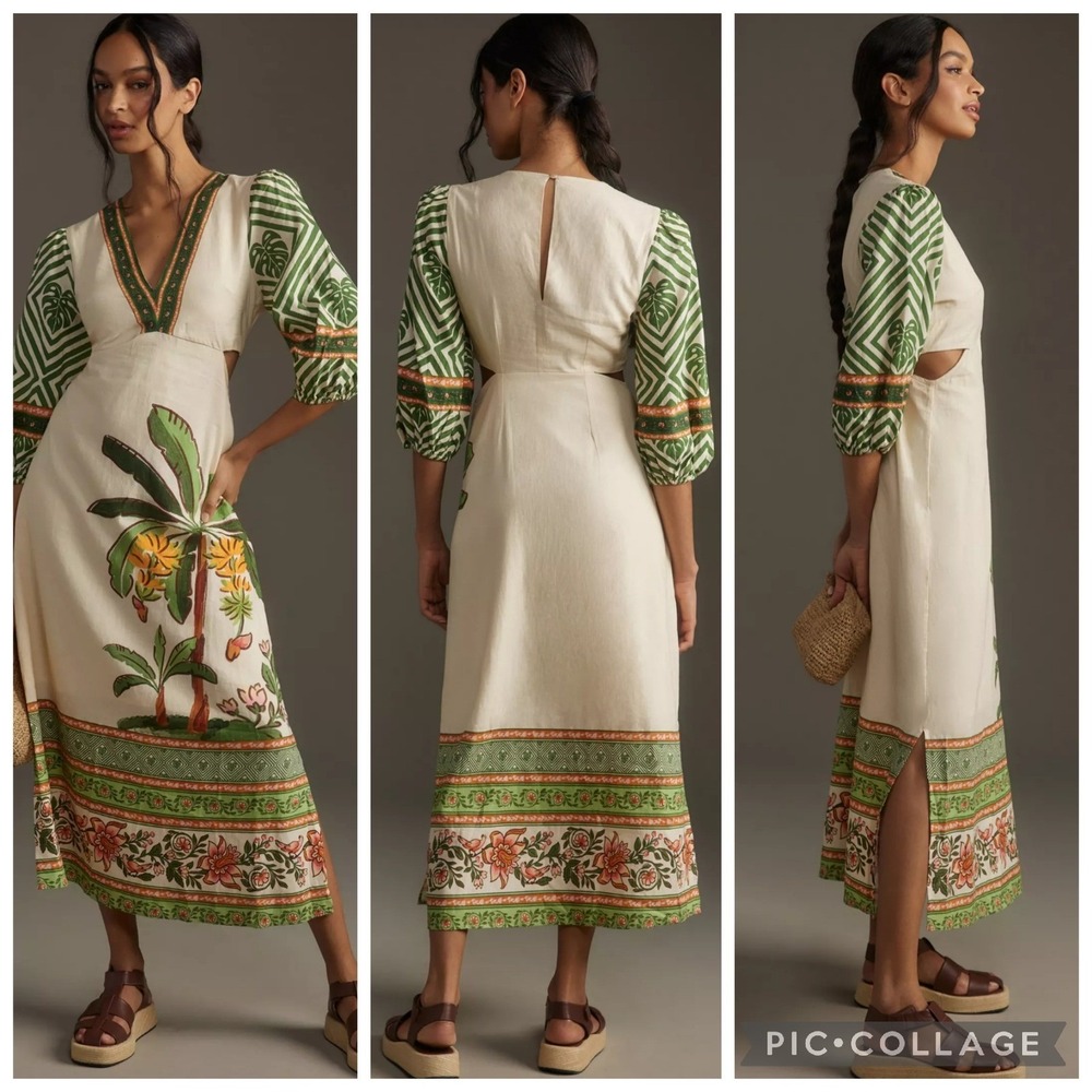 New Farm Rio Maxi Dress Large Palm Linen Blend V-Neck Cutout Puff Sleeve NWT - Picture 2 of 12